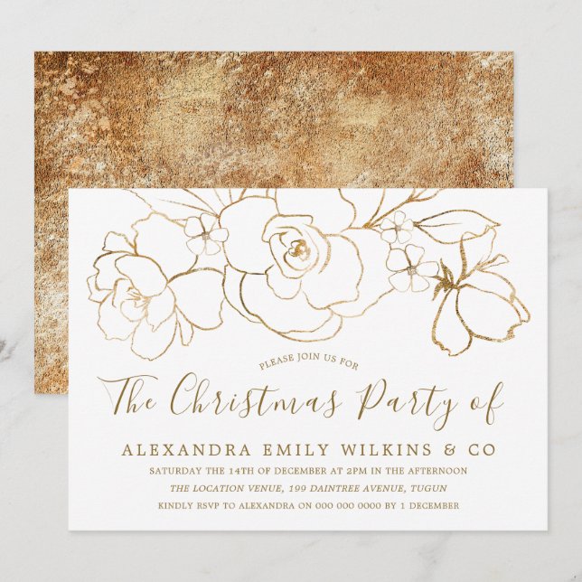 Elegant Gold Floral Office Family Christmas Party Invitation (Front/Back)