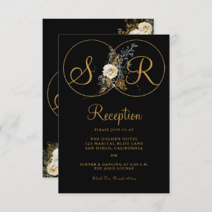 Elegant Gold Floral On Black Monogram Invitation