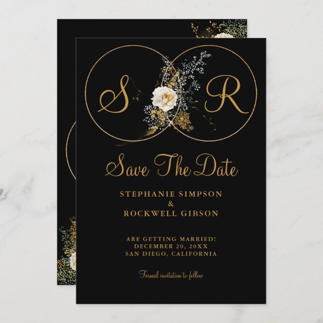 Elegant Gold Floral On Black Monogram Wedding Save The Date (Front/Back)
