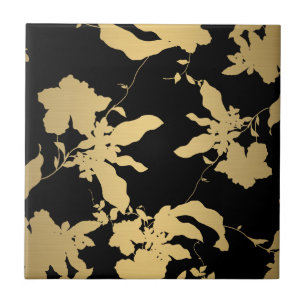 Elegant Gold Floral Pattern Black Tile