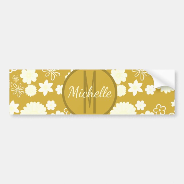 ELEGANT GOLD FLORAL PATTERN CREAM FLOWERS MONOGRAM BUMPER STICKER (Front)