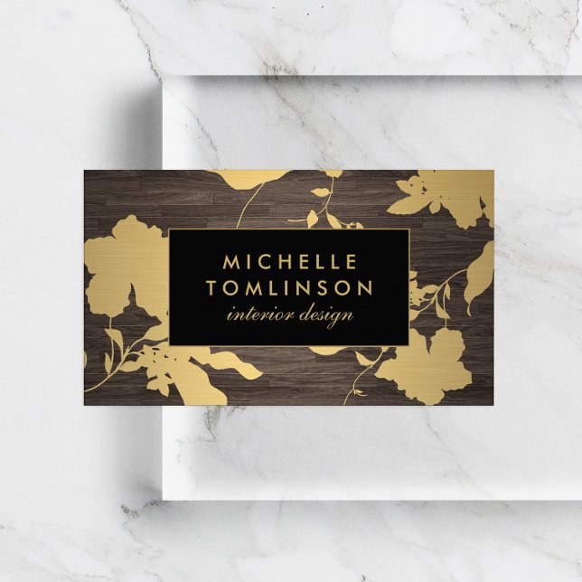 Elegant Gold Floral Pattern Dark Wood Designer Business Card (Creator Uploaded)