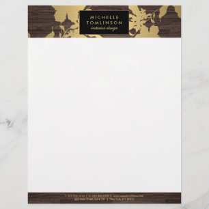 Elegant Gold Floral Pattern Dark Wood Designer Personalised Letterhead