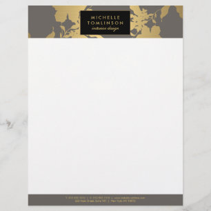 Elegant Gold Floral Pattern Grey Designer Personalised Letterhead
