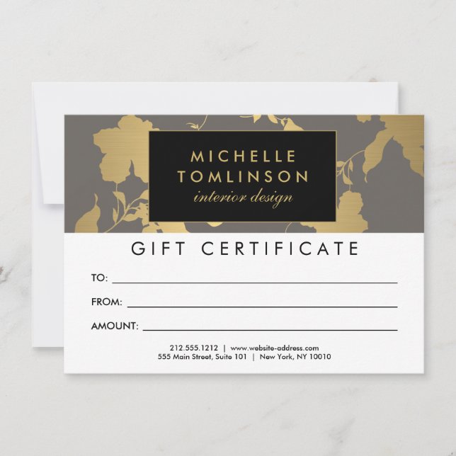 Elegant Gold Floral Pattern Grey Gift Certificate (Front)