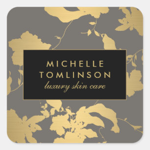 Elegant Gold Floral Pattern Grey Square Sticker
