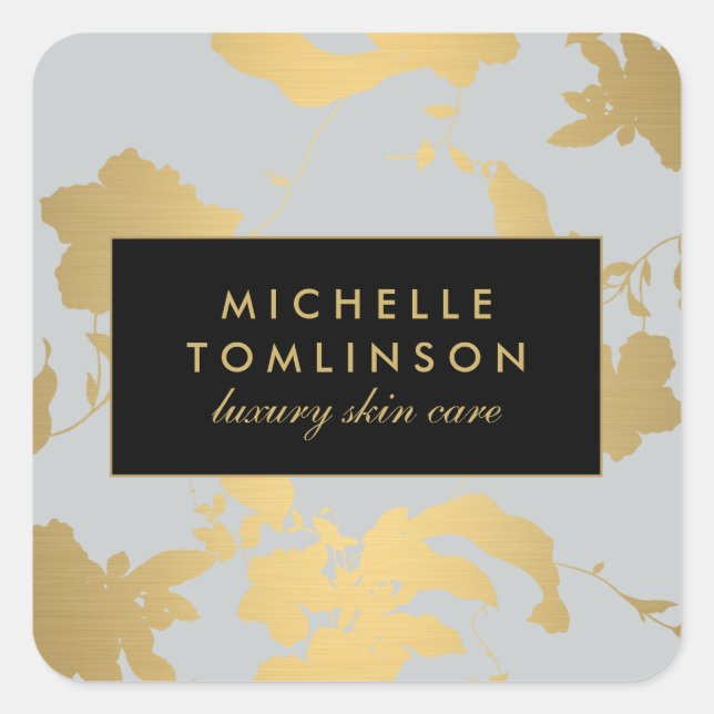 Elegant Gold Floral Pattern Light Grey Square Sticker (Front)