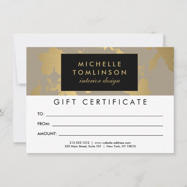 Elegant Gold Floral Pattern Tan Gift Certificate (Front)