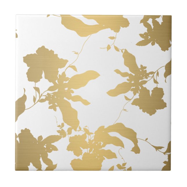 Elegant Gold Floral Pattern White Ceramic Tile (Front)