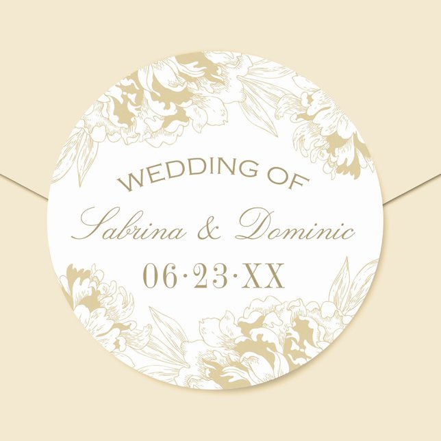 Elegant Gold Floral Peony Monogram Wedding Classic Round Sticker (Creator Uploaded)