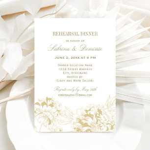 Elegant Gold Floral Peony Wedding Rehearsal Dinner Invitation