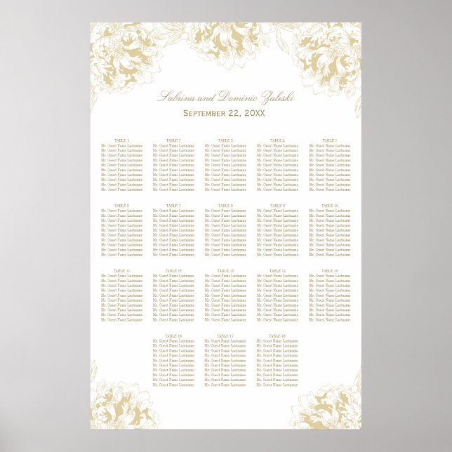 Elegant Gold Floral Peony Wedding Seating Poster (Front)