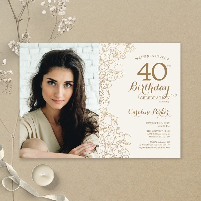 Elegant Gold Floral Photo 40th Birthday Invitation (Creator Uploaded)
