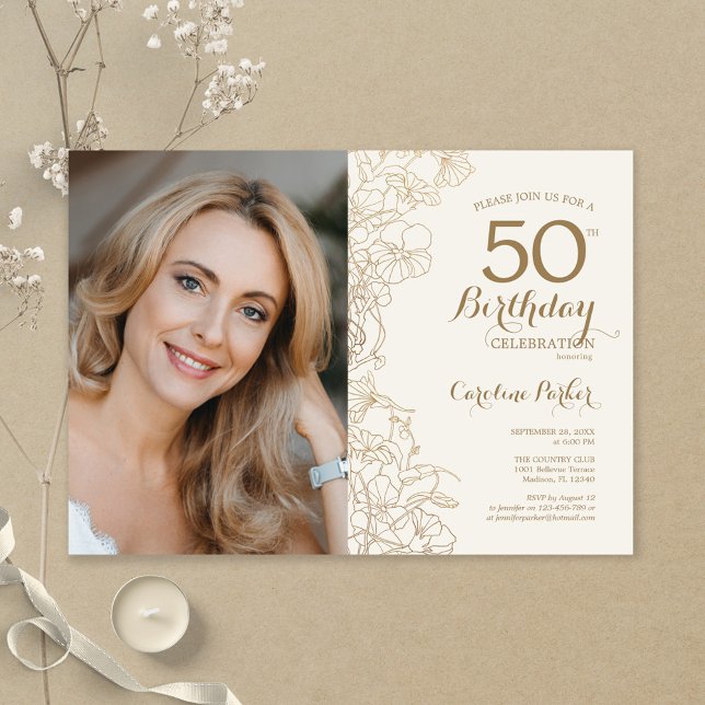 Elegant Gold Floral Photo 50th Birthday Invitation (Creator Uploaded)
