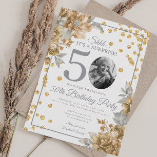 Elegant Gold Floral Photo 50th Birthday Party Invitation