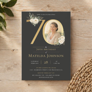 Elegant Gold Floral Photo 70th Birthday Invitation