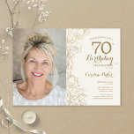 Elegant Gold Floral Photo 70th Birthday Invitation<br><div class="desc">Gold and cream floral 70th birthday party invitation with your photo on the front of the card. Minimalist modern design featuring botanical outline drawings accents, faux gold foil and typography script font. Simple trendy invite card perfect for a stylish female bday celebration. Can be customised to any age. Printed Zazzle...</div>