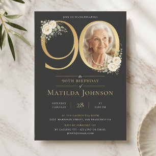 Elegant Gold Floral Photo 90th Birthday Invitation