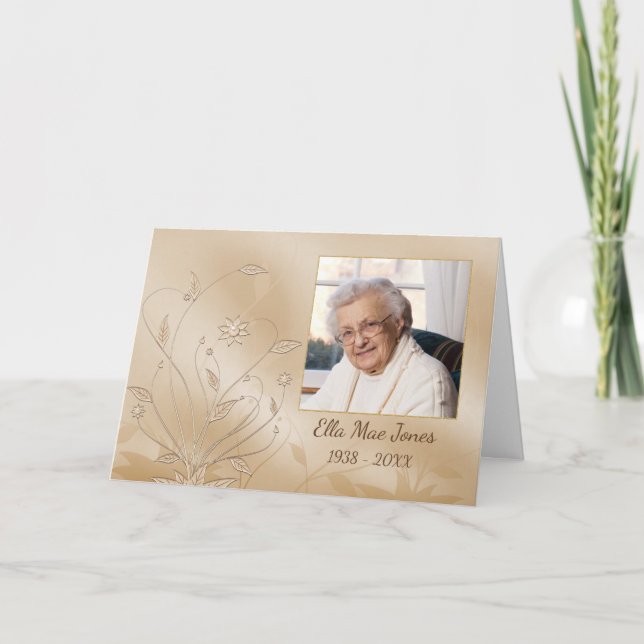 Elegant Gold Floral Photo Memorial Thank You Card (Front)