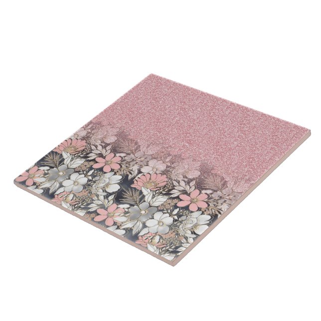 Elegant Gold floral pink Gradient Glitter Image Tile (Side)