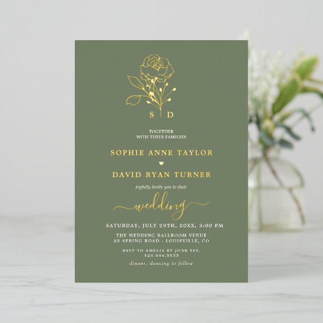 Elegant Gold Floral Sage Green Monogram Wedding (Standing Front)