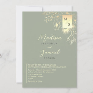 Elegant Gold Floral Sage Green Wedding Invitation