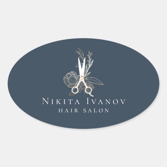 Elegant Gold Floral Salon Scissors Logo Oval Sticker (Front)