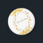 Elegant Gold Floral "Save the Date" Magnet<br><div class="desc">Make a lasting impression with this elegant round "Save the Date" magnet, featuring a luxurious gold floral wreath design and ornate corner accents. Perfect for announcing your special day in style, this magnet combines practicality with sophistication—ideal for fridges, boards, or guest keepsakes. A beautiful and timeless piece for your wedding...</div>