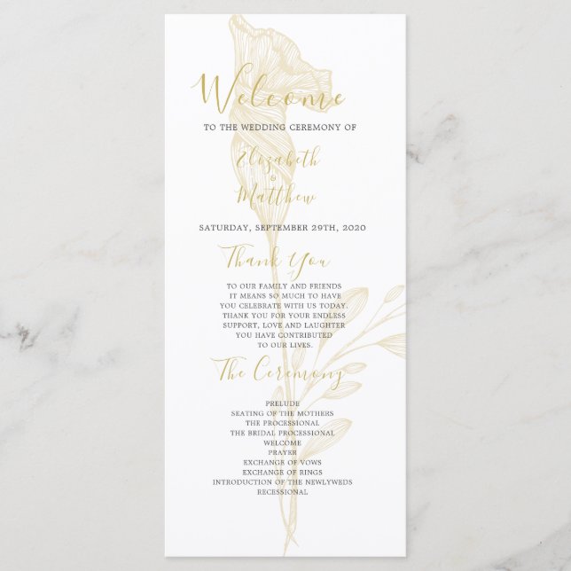 Elegant Gold Floral Script Simple Wedding Program Programme (Front)