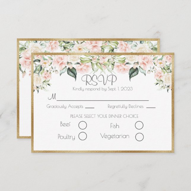 Elegant Gold Floral Script Wedding RSVP (Front/Back)