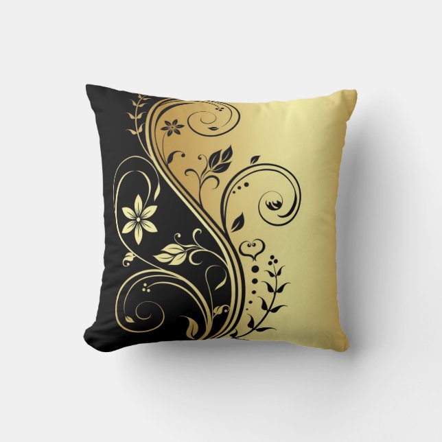 Elegant Gold Floral Scroll Black Pillow (Front)