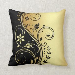 Elegant Gold Floral Scroll Black Pillow