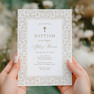 Elegant Gold Floral Traditional Baptism  Invitation