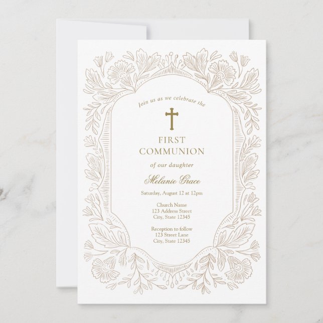 Elegant Gold Floral Traditional First Communion  Invitation (Front)