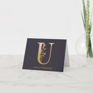Elegant Gold Floral U Monogram Chic Personalised Note Card
