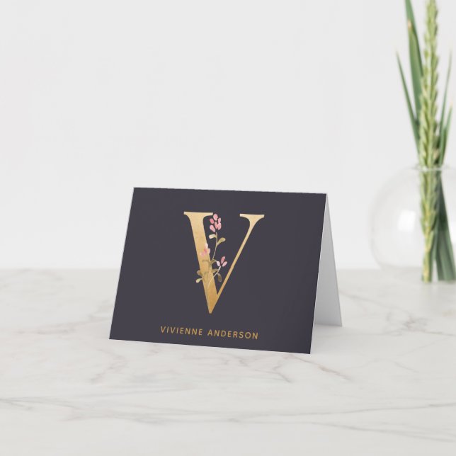 Elegant Gold Floral V Monogram Chic Personalised Note Card (Front)
