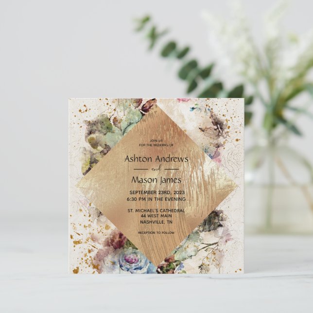 Elegant Gold Floral Watercolor Rustic Wedding Invitation (Standing Front)