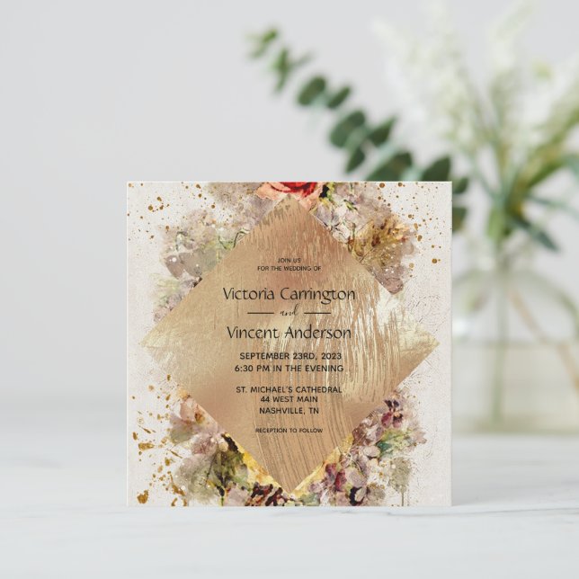 Elegant Gold Floral Watercolor Wedding Invitation (Standing Front)