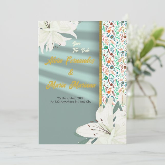Elegant Gold Floral Wedding Invitation (Standing Front)