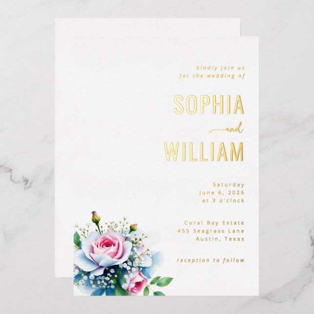 Elegant Gold Floral Wedding Invitation (Front/Back)