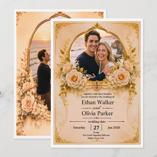Elegant Gold Floral Wedding Invitation (Front/Back)