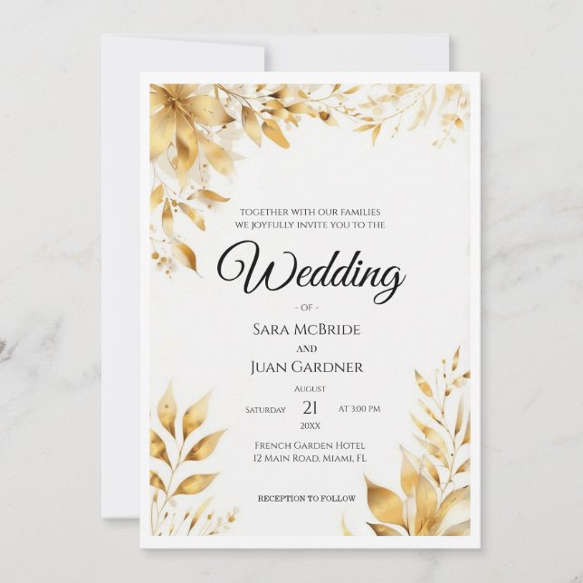 Elegant Gold Floral Wedding Invitation (Front)