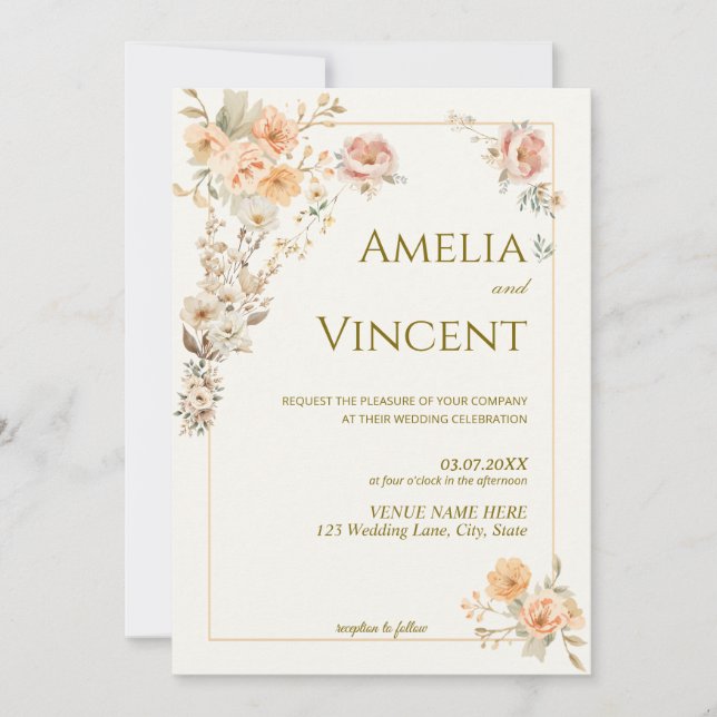 Elegant Gold Floral Wedding Invitation Template (Front)