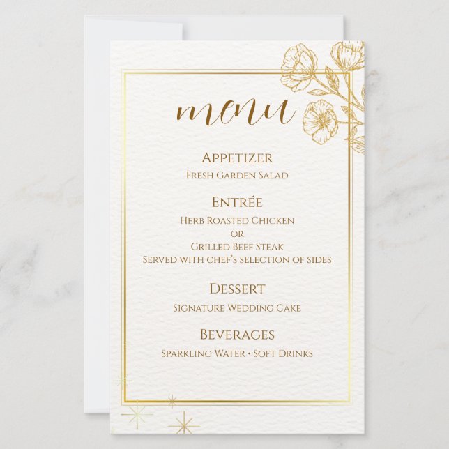 Elegant Gold Floral Wedding Menu Card (Front)