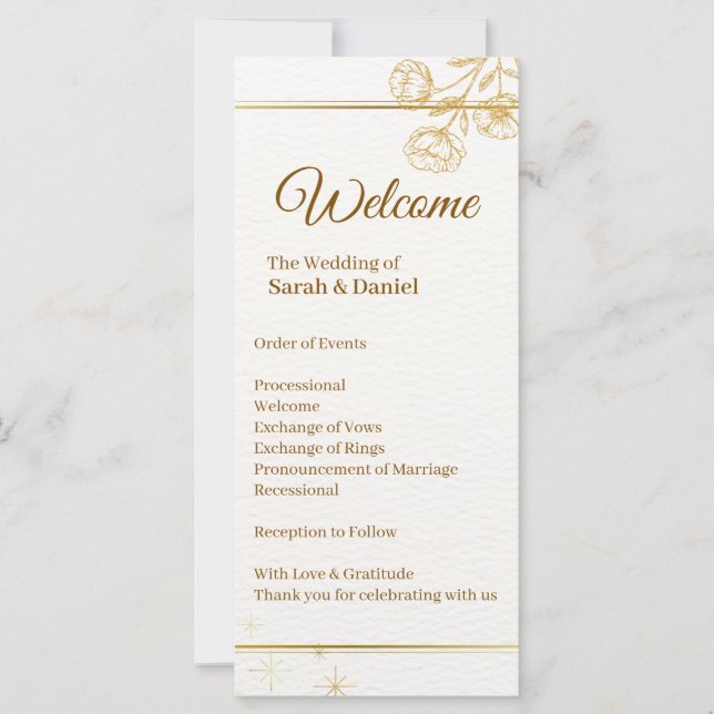Elegant Gold Floral Wedding Program Card (Front)