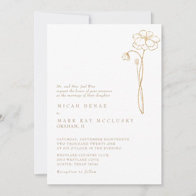 Elegant Gold Floral White Wedding Invitation (Front)
