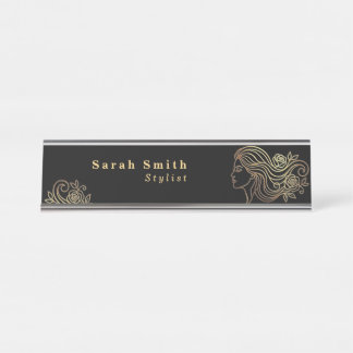 Elegant Gold Floral Woman Hair Stylist Black Desk Name Plate