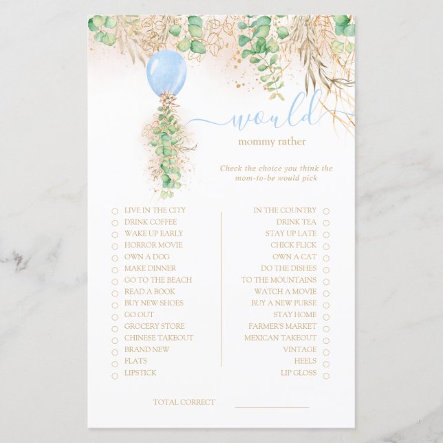 Elegant Gold Floral Would Mummy Rather Shower Game (Front)