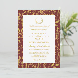 Elegant Gold Floral Wreath Mother's Day Dinner Invitation