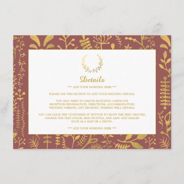 Elegant Gold Floral Wreath Wedding Detail Enclosure Card (Front)